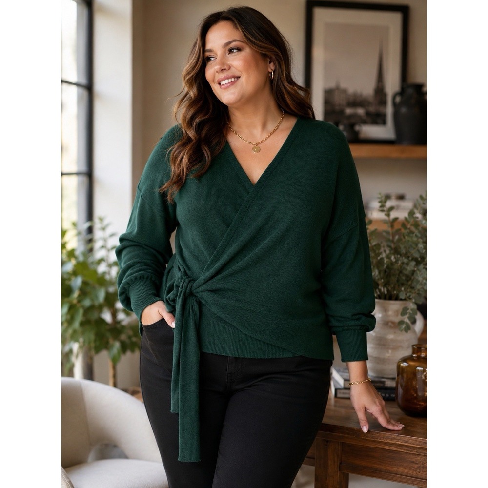 Eloquii Emerald Green Wrap Sweater Women's 18/20 Tie Waist Soft Knit Plus‎